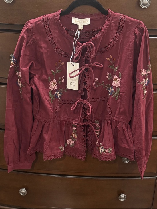 Jennifer & Grace Tops - Jennifer & grace Embroidered Tie-Front Peplum Top - Burgundy long sleeve size S